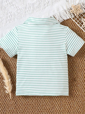 Light green striped cotton polo shirt for baby with classic collar.