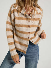 camel cardigan featuring ribbed and striped