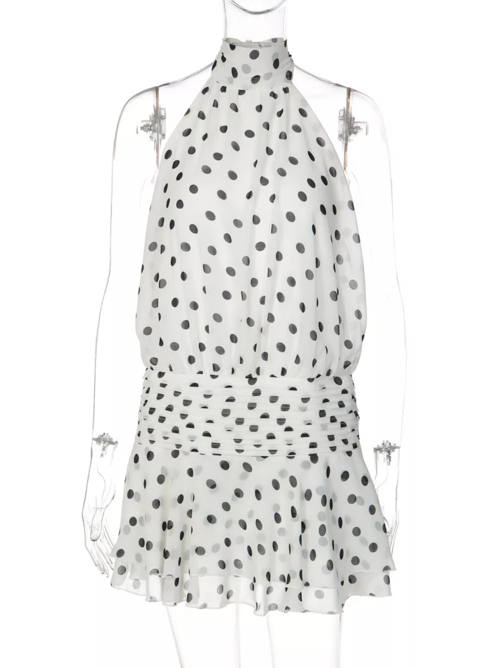 White polka dot halter neck mini dress with ruched waist detail