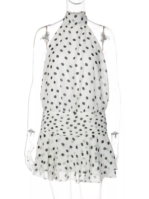 White polka dot halter neck mini dress with ruched waist detail