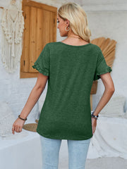 Dark Green t-shirt with flutter sleeves and a scoop neck.