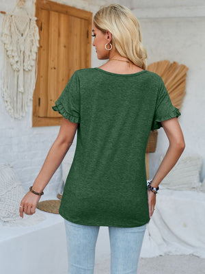Dark Green t-shirt with flutter sleeves and a scoop neck.
