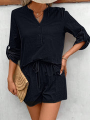 Black linen henley shirt with rolled sleeves and drawstring shorts set