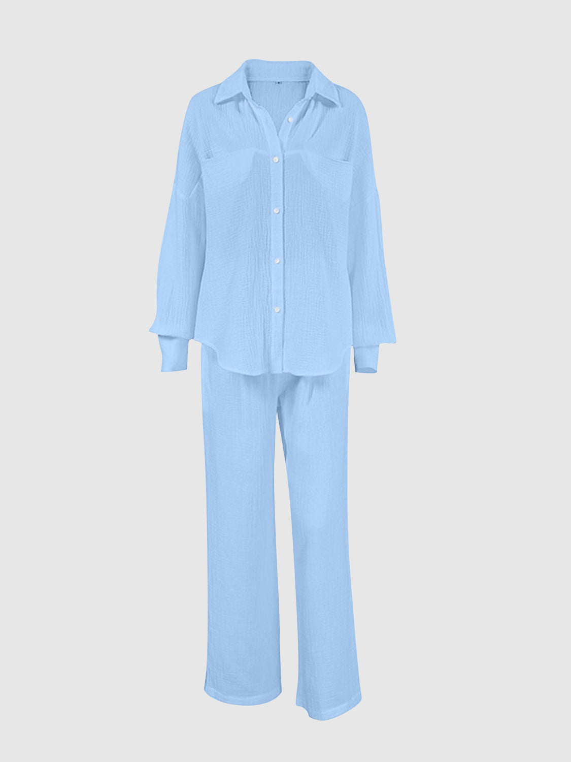 Light blue textured cotton lounge set with button-up shirt and wide-leg pants