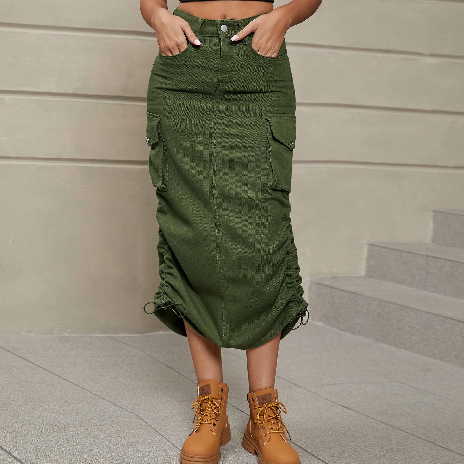 Army green cargo denim midi skirt with adjustable ruching and side pockets