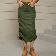 Army green cargo denim midi skirt with adjustable ruching and side pockets