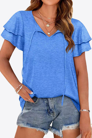 Air Force Blue tiered sleeve blouse with keyhole neckline and tie detail.