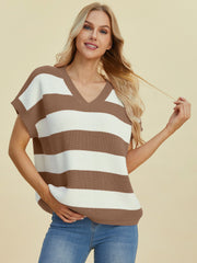 Camel and white striped knit cap-sleeve top with V-neck
