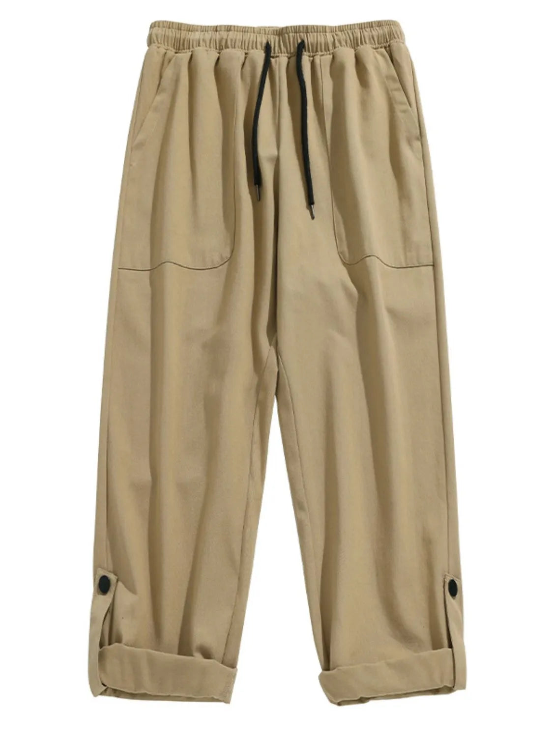 Khaki relaxed fit cuffed cargo trousers with drawstring waist and button tab cuffs.