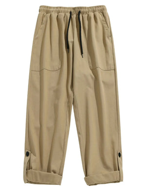 Khaki relaxed fit cuffed cargo trousers with drawstring waist and button tab cuffs.