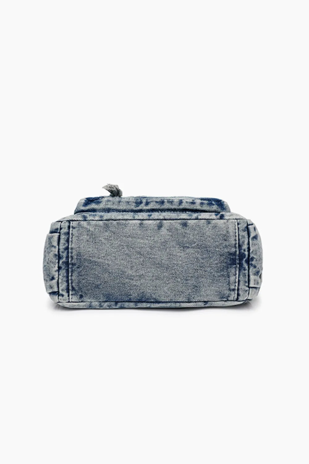 Acid wash denim crossbody bag in medium wash with visible stitching detail.