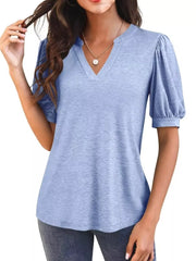 Sky blue t-shirt with puff sleeves and notched V-neck