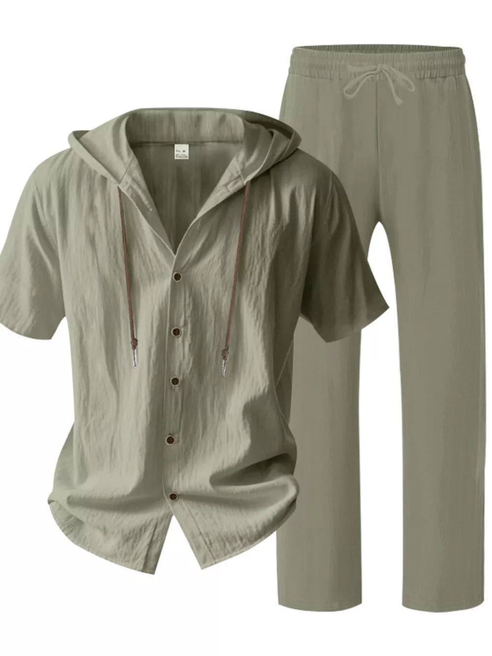 Men's Army Green Linen Blend Hooded Top and Pants Pajama Set