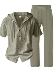 Men's Army Green Linen Blend Hooded Top and Pants Pajama Set