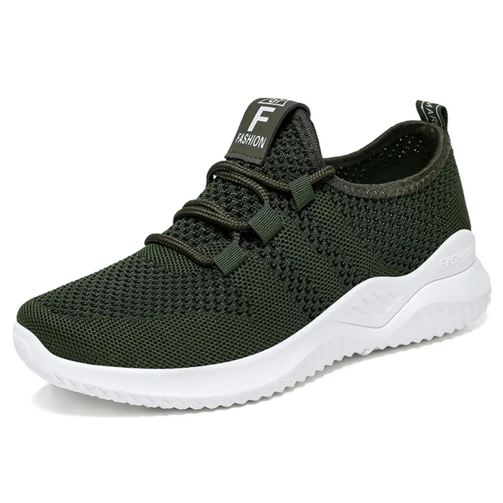 Army green knit runner sneakers with white sole and logo detail on tongue