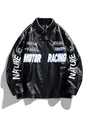 Black oversized leather racing jacket with "Motor Racing" graphic and white piping.