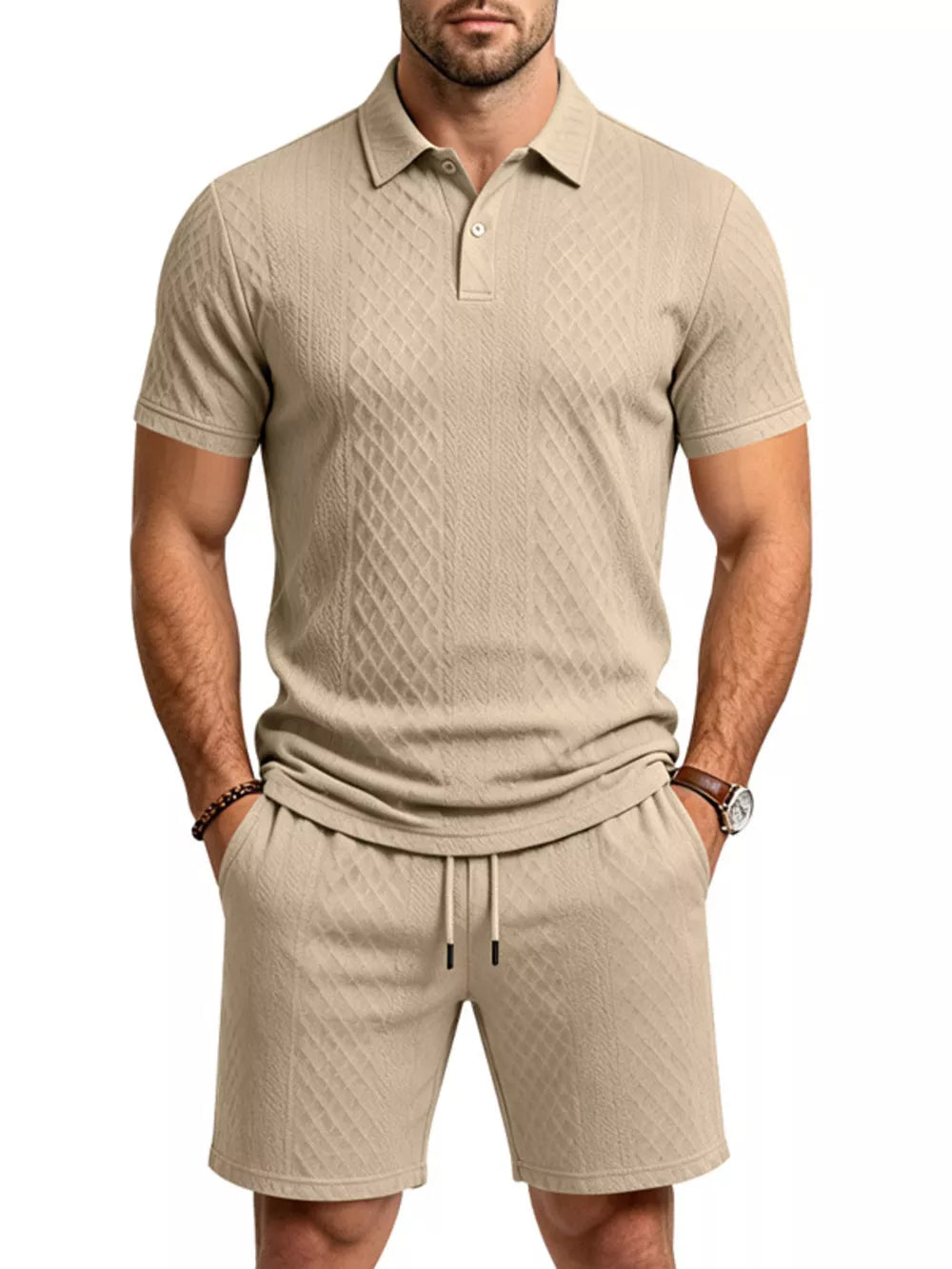 Men's Textured Short Sleeve Polo & Shorts Set in Dark Gray, model styling view