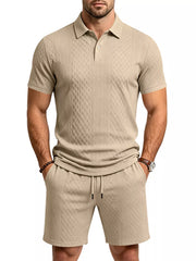 Men's Textured Short Sleeve Polo & Shorts Set in Dark Gray, model styling view