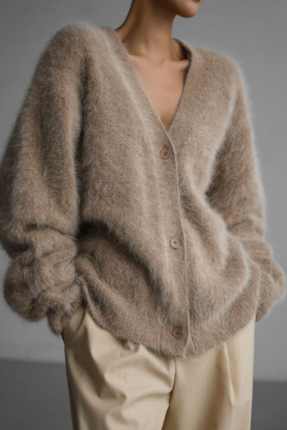 Angora cloud cardigan in Khaki with sculpted sleeves and button front