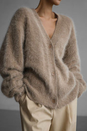 Angora cloud cardigan in Khaki with sculpted sleeves and button front