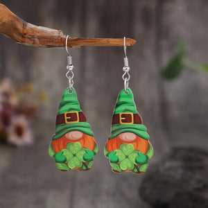 Leprechaun charm drop earrings in green with shamrocks and buckle detail.
