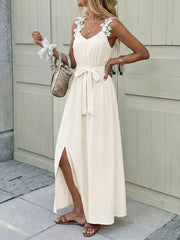 Beige lace-trimmed V-neck maxi dress with tie waist and thigh-high slit