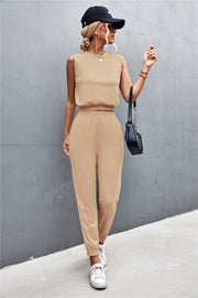 Khaki cropped muscle tank and jogger set with elastic waistbands and cuffs.