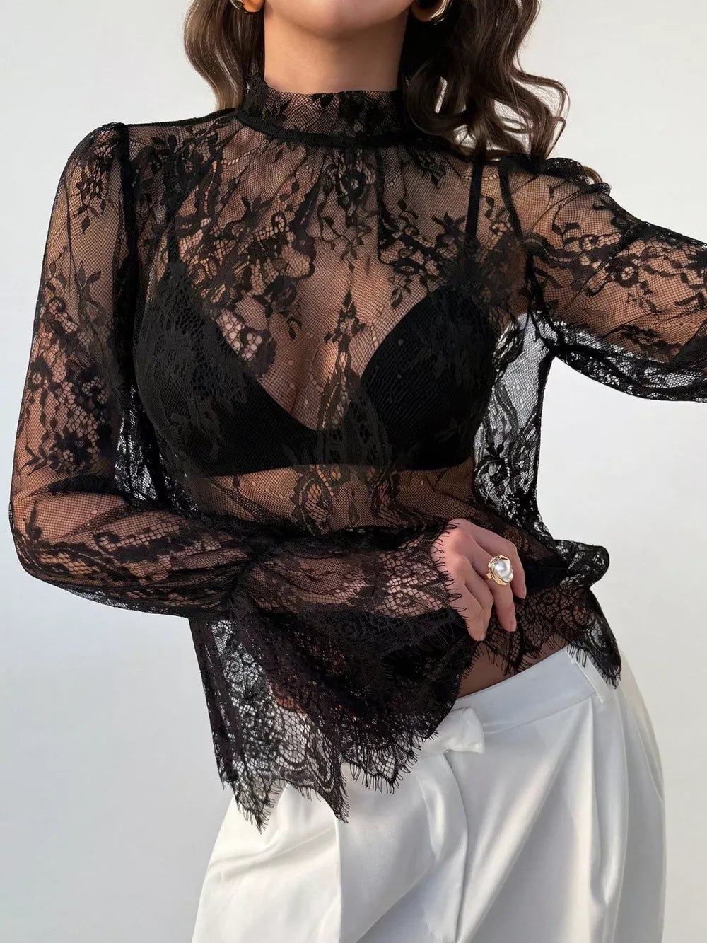 Lace Flounce Sleeve Top in Black, close-up detail