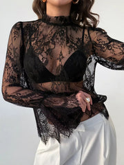 Lace Flounce Sleeve Top in Black, close-up detail