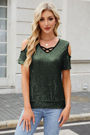 Dark green sequin cold shoulder top with crisscross neckline detail