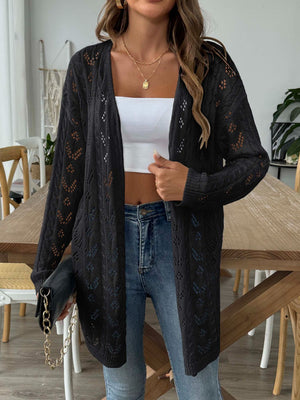 Black openwork diamond knit duster cardigan with long sleeves and an open front.