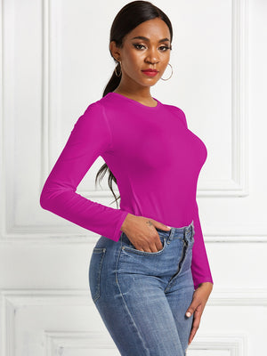 Sculpted ribbed jersey bodysuit in hot pink with long sleeves and a crew neck.
