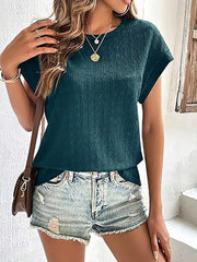 Textured Round Neck Short Sleeve Top in Malachite Green, front view