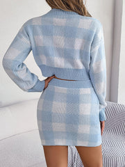 Light blue checkered knit cropped sweater and mini skirt set