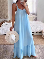 Sky blue maxi dress with tie straps and ruffled hem, a casual summer style.