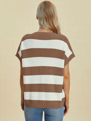 Knit top with cap sleeves in camel and white horizontal stripes.
