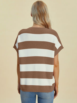 Knit top with cap sleeves in camel and white horizontal stripes.