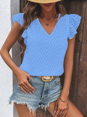 Sky blue textured chevron v-neck blouse with flutter sleeves