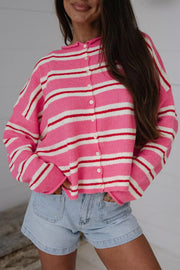 Striped Button-up Cardigan in Pink, front view