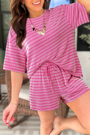Fuchsia pink striped two-piece short set with drawstring waist and short sleeves.
