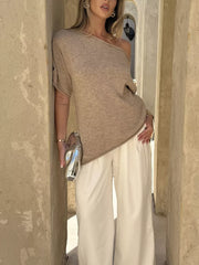 One Shoulder Short Sleeve Knit Top in Khaki, side view