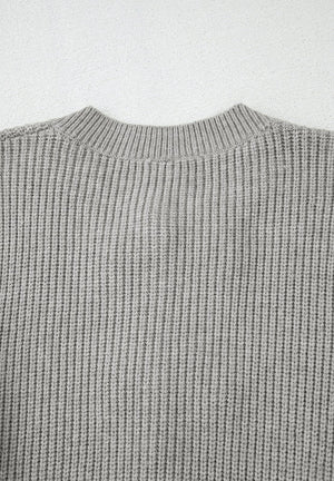 Gray ribbed knit cardigan with mock neck detail