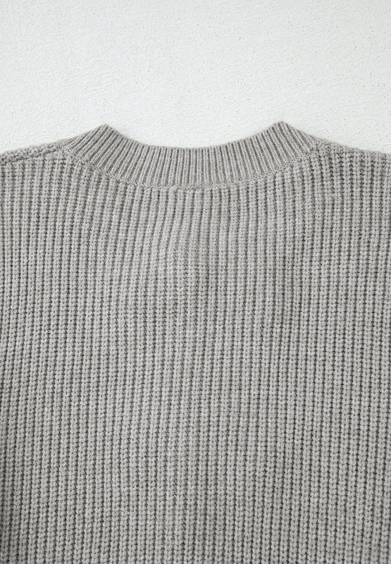 Gray ribbed knit cardigan with mock neck detail