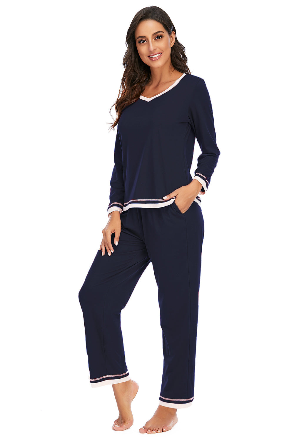 Dark Navy V-neck pajama set with contrast trim on neckline, cuffs, and hem.