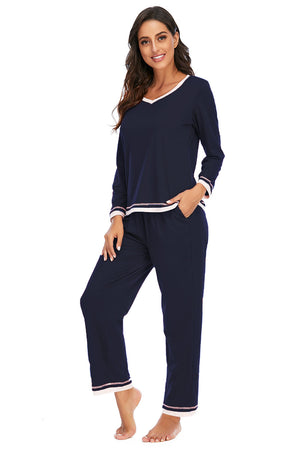 Dark Navy V-neck pajama set with contrast trim on neckline, cuffs, and hem.