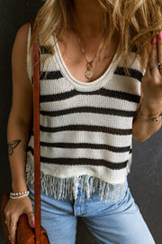 Striped knit tank top with fringe hem and scoop neck.