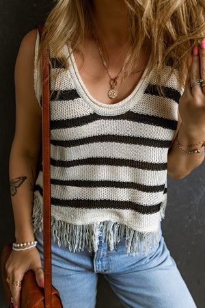 Striped knit tank top with fringe hem and scoop neck.