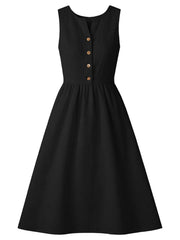 Black sleeveless midi dress with button front and A-line skirt.
