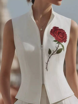 Rose Zip Up Sleeveless Shirt in Black, front view