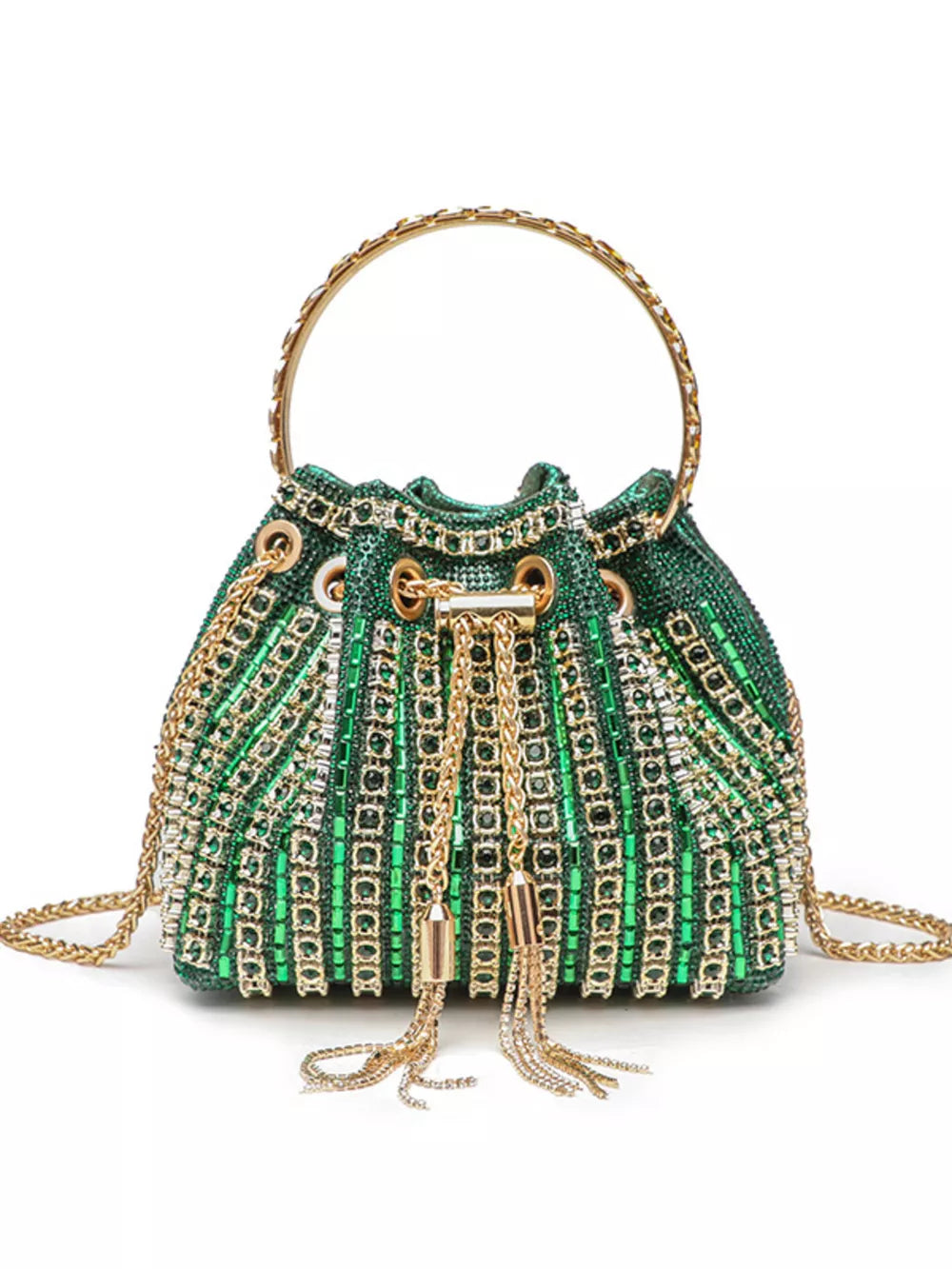 Green rhinestone embellished mini crossbody bag with gold chain and handle.